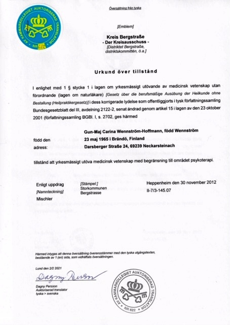 Certifikat - Urkund över tillstånd - översatt från tyska originalet 